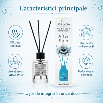 Odorizant de camera cu betisoare Lorinna Paris Ambient Scent Reed Diffuser, After Rain, aroma fresh si revigoranta, pentru living, dormitor, baie si hol, 120 ml