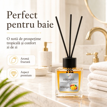 Odorizant de camera cu betisoare Lorinna Paris Ambient Scent Reed Diffuser, Mango, aroma fructata si tropicala, pentru living, dormitor, baie si hol, 50 ml - Img 2
