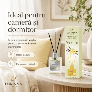 Odorizant de camera cu betisoare Lorinna Paris Ambient Scent Reed Diffuser, Vanilya, aroma dulce si catifelata, pentru living, dormitor, baie si hol, 50 ml - Img 2