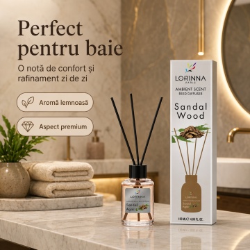 Odorizant de camera cu betisoare Lorinna Paris Ambient Scent Reed Diffuser, Sandal Wood, aroma calda si lemnoasa, pentru living, dormitor, hotel si birou, 120 ml - Img 2