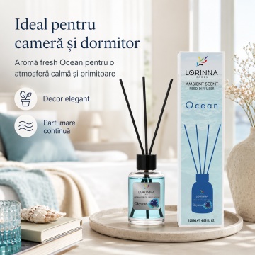 Odorizant de camera cu betisoare Lorinna Paris Ambient Scent Reed Diffuser, Ocean, aroma fresh marina, pentru living, baie, dormitor si birou, 120 ml - Img 2