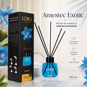 Odorizant de Cameră cu Bețișoare Parfumate Loris Parfum Amestec Exotic, 120 ml, Esență Exotic Blend, Miros Plăcut și Persistent