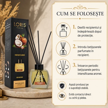 Odorizant de Cameră cu Bețișoare Parfumate Loris Parfum Nucă de Cocos, 120 ml, Esență Exotică de Cocos, Miros Plăcut și Persistent - Img 4