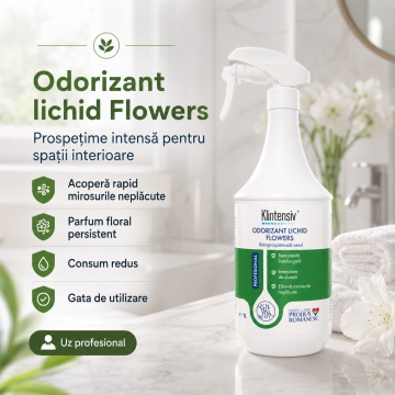 Pachet baie fara calcar Klintensiv Professional, Anticalcar Rapid RTU si odorizant profesional Flowers, curatare baie si parfum floral, 2 produse, 2x 1L, 4x Stickere - Img 3