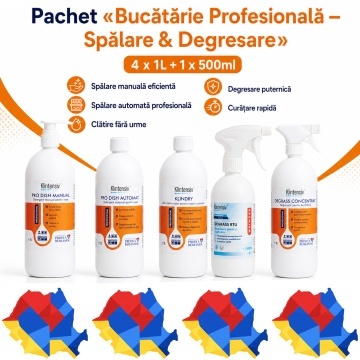 Pachet complet bucatarie Klintensiv Professional, PRO DISH manual si automat, KLINDRY, DEGRASS concentrat si DEGRASS Pro, 5 produse, 4.5 L, 4x Stickere