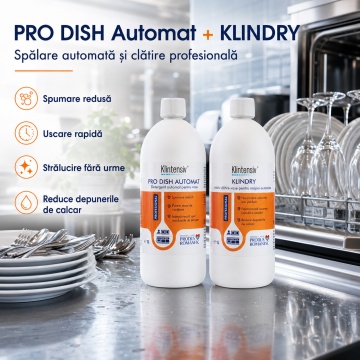 Pachet complet bucatarie Klintensiv Professional, PRO DISH manual si automat, KLINDRY, DEGRASS concentrat si DEGRASS Pro, 5 produse, 4.5 L, 4x Stickere - Img 3