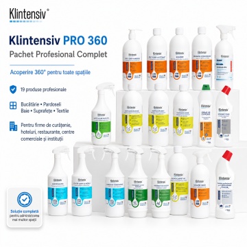 Pachet complet curatenie profesionala Klintensiv PRO 360, detergenti vase, degresanti, pardoseli, baie, multisuprafete, geamuri, textile si odorizare, 19 produse, 17.75 L, 4x Stickere - Img 3