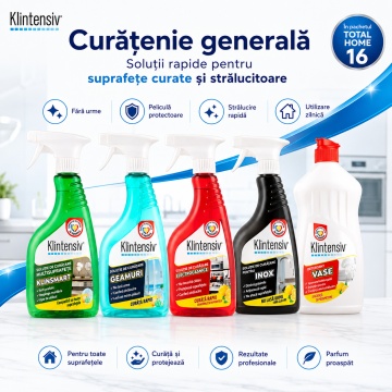 Pachet complet curatenie si detergenti rufe TOTAL HOME 16 Klintensiv KLINO KlinSmart, pentru bucatarie, baie, WC, geamuri, pardoseli, parchet si electrocasnice, 16 produse, 12,25 L, 4x Stickere - Img 2