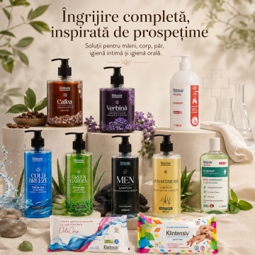 Pachet complet ingrijire barbati Klintensiv, sapunuri Cafea, Verbina si KlinSafe 500 ml, geluri Cold Breeze si Green Garden 400 ml, sampoane cu Zinc PCA si Anti-Matreata 400 ml, KLINDENT 500 ml si servetele, 10 produse, 4x Stickere - Img 3