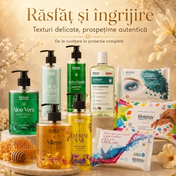 Pachet complet ingrijire Klintensiv, sapun Aloe Vera si Miere 500 ml, geluri Floral Sail si Silk Garden 400 ml, sampon Anti-Cadere 400 ml, KLINDENT 500 ml, servetele IntimCare, demachiante, hartie umeda si dezinfectante, 10 produse, 4x Stickere - Img 3