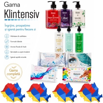 Pachet complet ingrijire Klintensiv, sapunuri Bujori si Frezii, Liliac si Iasomie 500 ml, geluri Summer Garden si Silk Garden 400 ml, sampon Anti-Cadere 400 ml, servetele IntimCare, demachiante, hartie umeda si dezinfectante, 10 produse, 4x Stickere