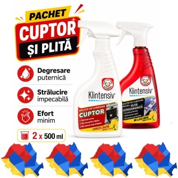 Pachet curatare cuptor si plita Klintensiv, solutie pentru grasime arsa si plita vitroceramica, curatare profesionala, 2x 500 ml, 4x Stickere