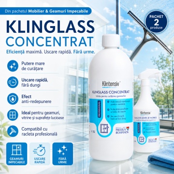 Pachet curatare mobilier si geamuri Klintensiv Professional, solutie pentru lemn si mobila, Klinglass Concentrat pentru sticla, 2 produse, 2x 1 L. 4x Stickere - Img 3