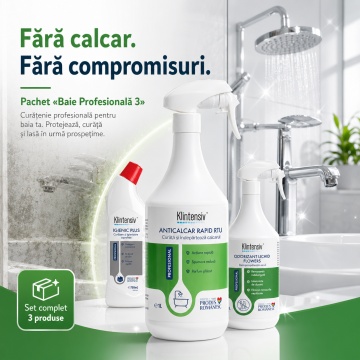 Pachet curatenie baie Klintensiv Professional Baie Profesionala 3, Anticalcar Rapid RTU, Igienic Plus cu clor si odorizant Flowers, 3 produse, 2.75 L, 4x Stickere - Img 3