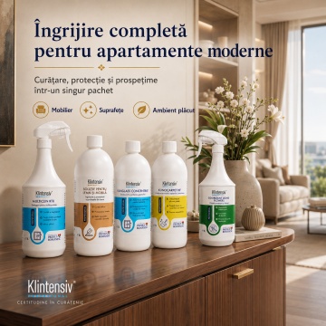 Pachet curatenie hotel pensiune si apartament Klintensiv Professional, MultiClin RTU, solutie mobila, Klinglass geamuri, KLINOCARPET HF si odorizant Flowers, 5 produse, 5 L, 4x Stickere - Img 3