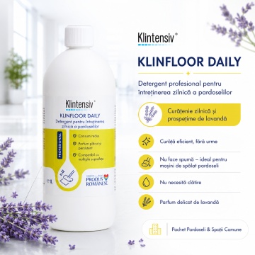 Pachet detergenti pardoseli si spatii comune Klintensiv Professional, KLINFLOOR DEGREASE, DAILY, SHINE, MultiClin RTU si odorizant Flowers, 5 produse, 5 L, 4x Stickere - Img 3