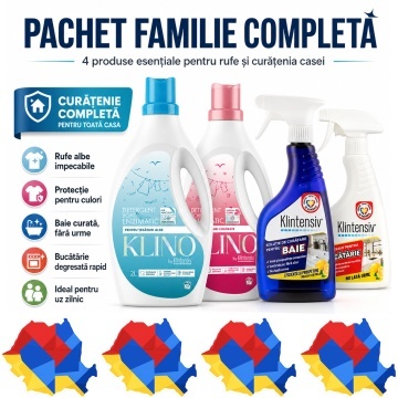 Pachet detergenti rufe si solutii curatenie familie KLINO Klintensiv, pentru rufe albe si colorate, baie si bucatarie, 4 produse, 5 L, 4x Stickere