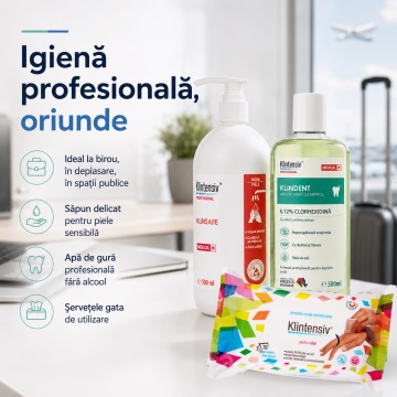 Pachet igiena completa Klintensiv, KlinSafe sapun lichid delicat 500 ml, KLINDENT apa de gura cu Clorhexidina 0.12% 500 ml si servetele dezinfectante maini 70 buc, 3 produse, 4x Stickere - Img 3