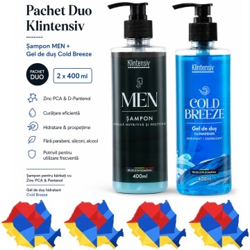 Pachet ingrijire barbati Klintensiv, sampon cu Zinc PCA si Pantenol 400 ml si gel de dus hidratant Cold Breeze 400 ml, 2 produse, 800 ml, 4x Stickere