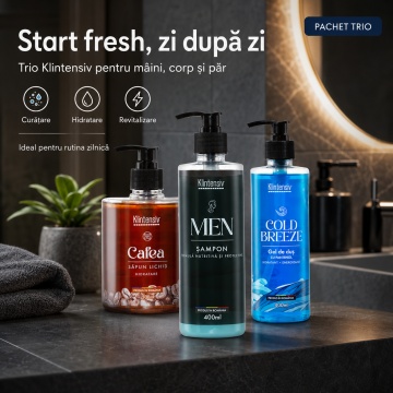 Pachet ingrijire barbati Klintensiv, sapun lichid Cafea 500 ml, gel de dus Cold Breeze 400 ml si sampon cu Zinc PCA si Pantenol 400 ml, 3 produse, 1.3 L, 4x Stickere - Img 3