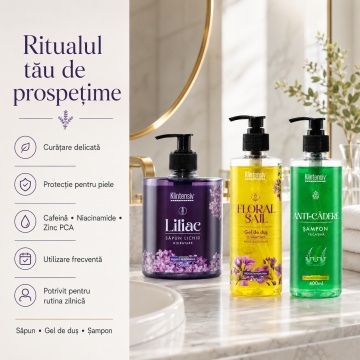 Pachet ingrijire completa Klintensiv, sapun lichid Liliac 500 ml, gel de dus hidratant Floral Sail 400 ml si sampon Anti-Cadere 400 ml, 3 produse, 1.3 L, 4x Stickere - Img 3