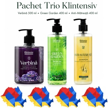 Pachet ingrijire completa Klintensiv, sapun lichid Verbina 500 ml, gel de dus hidratant Green Garden 400 ml si sampon Anti-Matreata 400 ml, 3 produse, 1.3 L, 4x Stickere