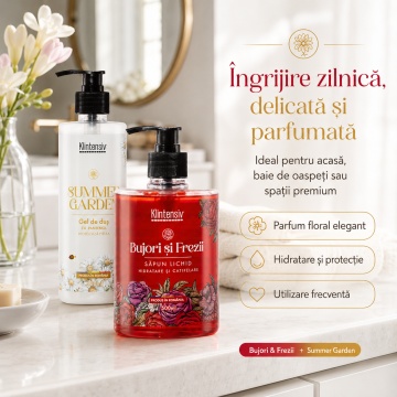 Pachet ingrijire corp Klintensiv, sapun lichid Bujori si Frezii 500 ml si gel de dus hidratant Summer Garden 400 ml, 2 produse, 900 ml, 4x Stickere - Img 3