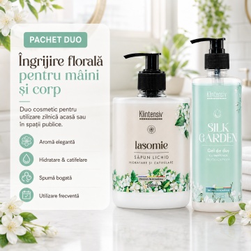 Pachet ingrijire corp Klintensiv, sapun lichid Iasomie 500 ml si gel de dus hidratant Silk Garden 400 ml, 2 produse, 900 ml, 4x Stickere - Img 3