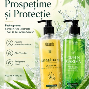 Pachet ingrijire par si corp Klintensiv, sampon Anti-Matreata 400 ml si gel de dus hidratant Green Garden 400 ml, 2 produse, 800 ml, 4x Stickere - Img 3