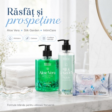 Pachet ingrijire personala Klintensiv, sapun lichid Aloe Vera 500 ml, gel de dus hidratant Silk Garden 400 ml si servetele intime IntimCare 40 buc, 3 produse, 4x Stickere - Img 3