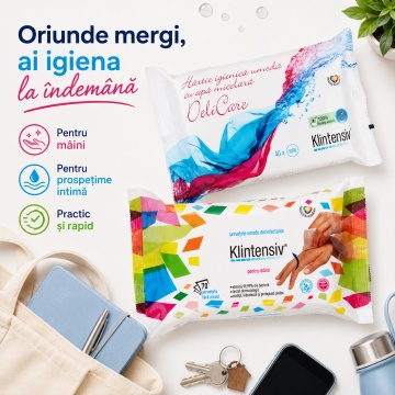 Pachet servetele umede Klintensiv, hartie igienica umeda biodegradabila 40 buc si servetele dezinfectante pentru maini 70 buc, 2 seturi, 110 servetele, 4x Stickere - Img 3