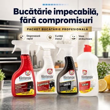 Pachet solutii curatenie bucatarie profesionala Klintensiv, degresant cu bicarbonat, solutie cuptor, solutie inox si detergent de vase, 4x 500 ml, 4x Stickere - Img 2