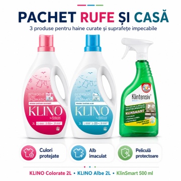 Pachet solutii curatenie rufe si casa KLINO KlinSmart Klintensiv, detergenti lichizi pentru rufe albe si colorate, solutie cu pelicula protectoare, 3 produse, 4,5 L, 4x Stickere - Img 2