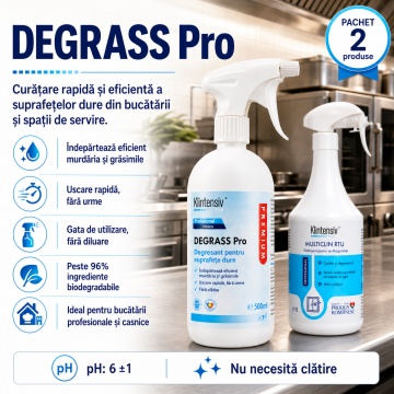 Pachet solutii curatenie zilnica bucatarie Klintensiv Professional, DEGRASS Pro degresant 500 ml si MultiClin RTU detergent multisuprafete 1 L, 2 produse profesionale, 4x Stickere - Img 3