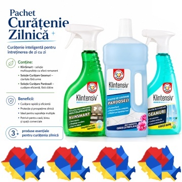 Pachet solutii curatenie zilnica KlinSmart Klintensiv, protectie suprafete, geamuri, oglinzi si pardoseli, efect antistatic, fara clatire, 3 produse, 2 L, 4x Stickere