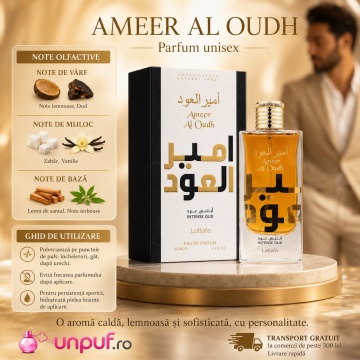 Parfum Arăbesc Ameer Al Oudh Intense Lattafa 100 ml, Apă de Parfum Unisex, Damă și Bărbat, Inspirat By The Fireplace Maison Margiela, Aromă Oriental Ambrată Lemnoasă Dulce cu Șofran, Nucșoară, Absint, Labdanum, Mușcată, Note Lemnoase, Oud, Pielărie și Van - Img 9