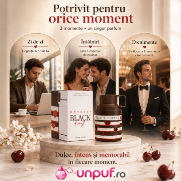 Parfum Arăbesc Armaf Odyssey Black Forest Dessert 100 ml, Apă de Parfum Unisex Damă și Bărbat, Aromă Oriental Ambrată, Dulce, Gurmandă și Memorabilă - Img 6
