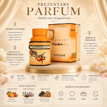 Parfum Arăbesc Armaf Odyssey Mandarin Sky Vintage 100 ml, Apă de Parfum Unisex Damă și Bărbat, Aromă Citrus Gurmand Aromatică, Caldă, Citrică și Elegantă, Inspirată de Scandal Pour Homme - Img 3