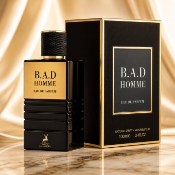 Parfum Arăbesc B.A.D. Homme Maison Alhambra 100 ml, Apă de Parfum Bărbați, Inspirat Bad Boy Carolina Herrera, Aromă Oriental Condimentată Ambrată cu Piper Alb, Bergamotă, Piper Negru, Cedru, Salvie, Boabe de Tonka, Cacao și Lemn de Ambră Amberwood
