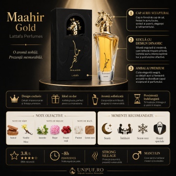 Parfum Arabesc Bărbați Maahir Gold Lattafa, Eau de Parfum 100 ml, Masculin, Ambrat Lemnos Vanilat, Santal, Vanilie - Img 3