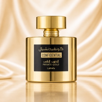 Parfum Arăbesc Confidential Private Gold Lattafa 100 ml, Apă de Parfum Unisex, Damă și Bărbat, Inspirat Kirke Tiziana Terenzi, Aromă Aromatic Fructată Tropicală cu Coacăză Neagră, Fructul Pasiunii, Piersică, Zmeură, Pară, Lăcrămioară, Lemn de Santal, Mosc - Img 2