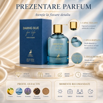 Parfum Arăbesc Daring Blue For Life Maison Alhambra 100 ml, Apă de Parfum Bărbați, Inspirat Light Blue Forever Dolce & Gabbana, Aromă Lemnos Acvatică Fresh cu Bergamotă, Grepfrut, Frunze de Violetă, Note Ozonice, Mosc, Paciuli și Vetiver - Img 3
