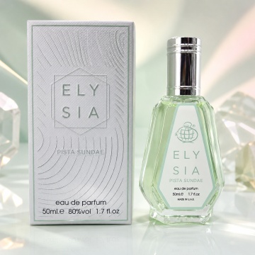 Parfum Arăbesc Elysia Pista Sundae Fragrance World 50 ml, Apă de Parfum Damă, Aromă Gourmand Fistic Vanilat cu Fistic, Bergamotă, Migdală, Frișcă, Tonka, Înghețată, Caramel, Mosc și Vanilie