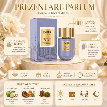 Parfum Arăbesc Emper Luxe New York City 100 ml, Apă de Parfum Unisex, Damă și Bărbat, Inspirat New York Giorgio Armani, Aromă Oriental Ambrată Fresh Woody cu Citrice, Condimente, Șofran, Rășini, Flori Albe, Note Balsamice, Cedru, Ambră, Mosc și Vanilie - Img 3