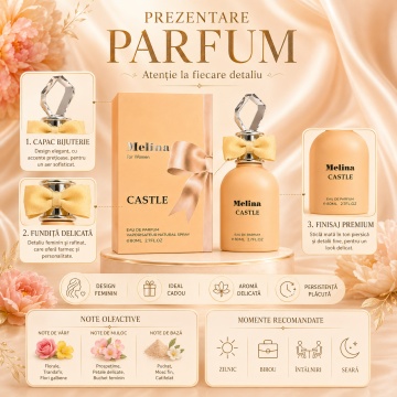 Parfum Arăbesc Emper Melina Castle 80 ml, Apă de Parfum Damă, Inspirat Cassili, Aromă Aromatic Orientală Feminină cu Citrice, Condimente, Note Proaspete, Flori Albe, Lavandă, Note Calde, Lemn de Cedru, Ambră și Mosc - Img 3
