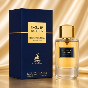Parfum Arăbesc Exclusif Saffron Maison Alhambra 100 ml, Apă de Parfum Unisex, Damă și Bărbat, Inspirat Saffron Lazuli Carolina Herrera, Aromă Oriental Condimentată cu Șofran, Coacăze Negre, Boabe de Tonka, Trandafir, Stânjenel, Piele, Lemn de Guaiac și Va