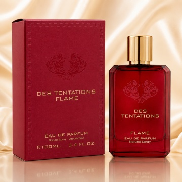 Parfum Arăbesc Fragrance World Des Tentations Flame 100 ml, Apă de Parfum Bărbați, Aromă Oriental Condimentată, Intensă și Seducătoare, cu Note de Citrice, Piper, Scorțișoară, Condimente Calde, Cedru, Rășini, Patchouli, Ambră, Mosc și Vanilie