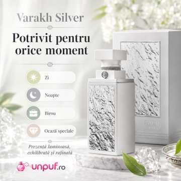 Parfum Arăbesc Fragrance World Varakh Silver 100 ml, Apă de Parfum Unisex, Damă și Bărbat, Aromă Aromatic Orientală cu Citrice, Condimente, Note Proaspete, Flori Albe, Lavandă, Cedru, Ambră și Mosc - Img 7