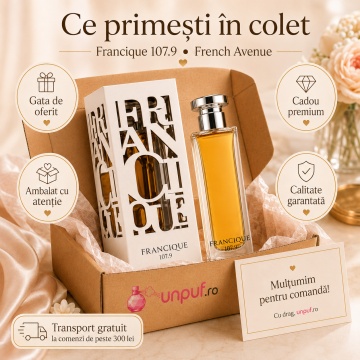 Parfum Arăbesc Francique 107.9 Eau de Parfum 80 ml, Apă de Parfum Unisex, Damă și Bărbat, French Avenue, Inspirat Rouge Smoking BDK, Aromă Floral Fructat Ambrată cu Ghimbir, Mandarină, Piper Roz, Gutui, Iasomie, Trandafir Marocan, Patchouli, Ambră, Mosc ș - Img 4