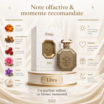 Parfum Arăbesc Genesis Libra French Avenue 90 ml, Apă de Parfum Unisex, Damă și Bărbat, Inspirat Carmina Creed, Aromă Aromatic Orientală Elegantă cu Cireșe, Trandafir, Violetă, Citrice, Condimente, Flori Albe, Lavandă, Ambră, Note Pudrate, Lemn de Cedru, - Img 9